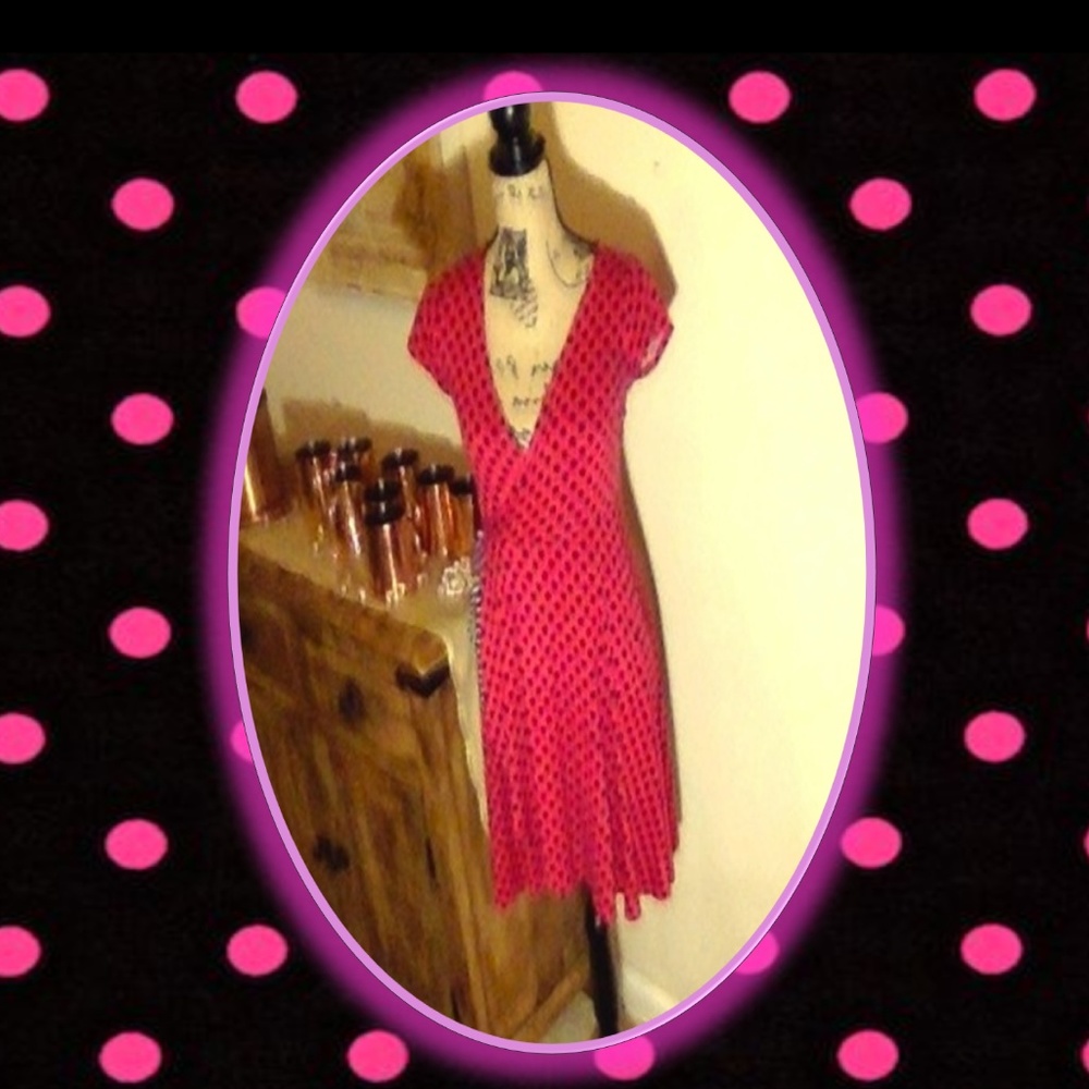 Polka Dot V Neck Cap Sleeve Empire Waist Dress